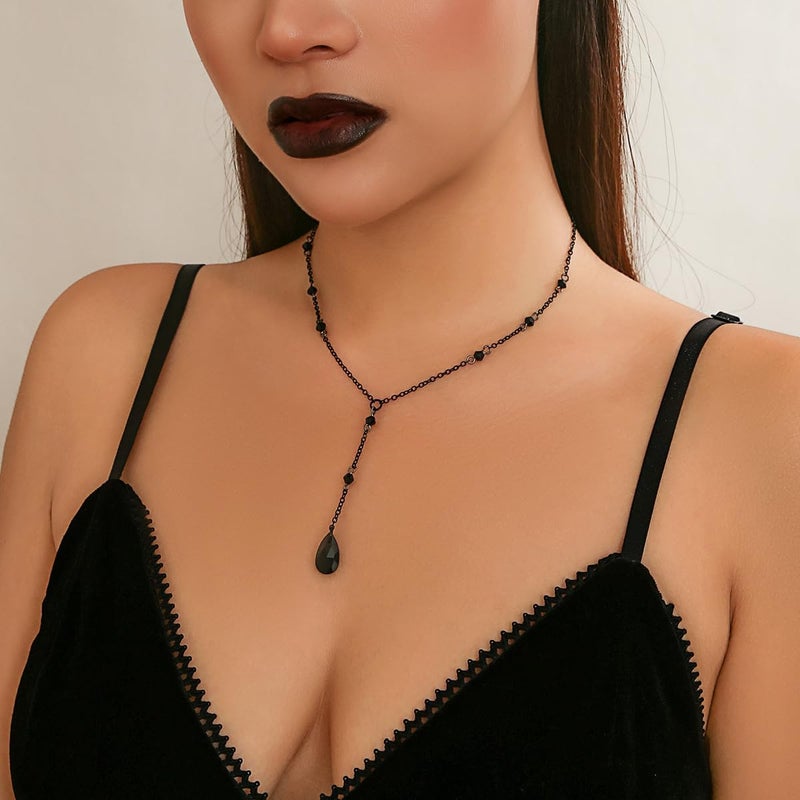 Cicod Gothic Y Necklace,Goth Black Red Crystal Bead Teardrop Necklace,Punk Y Necklace,Halloween Christmas New Year Jewelry Vampire Accessories for Women - Image 2